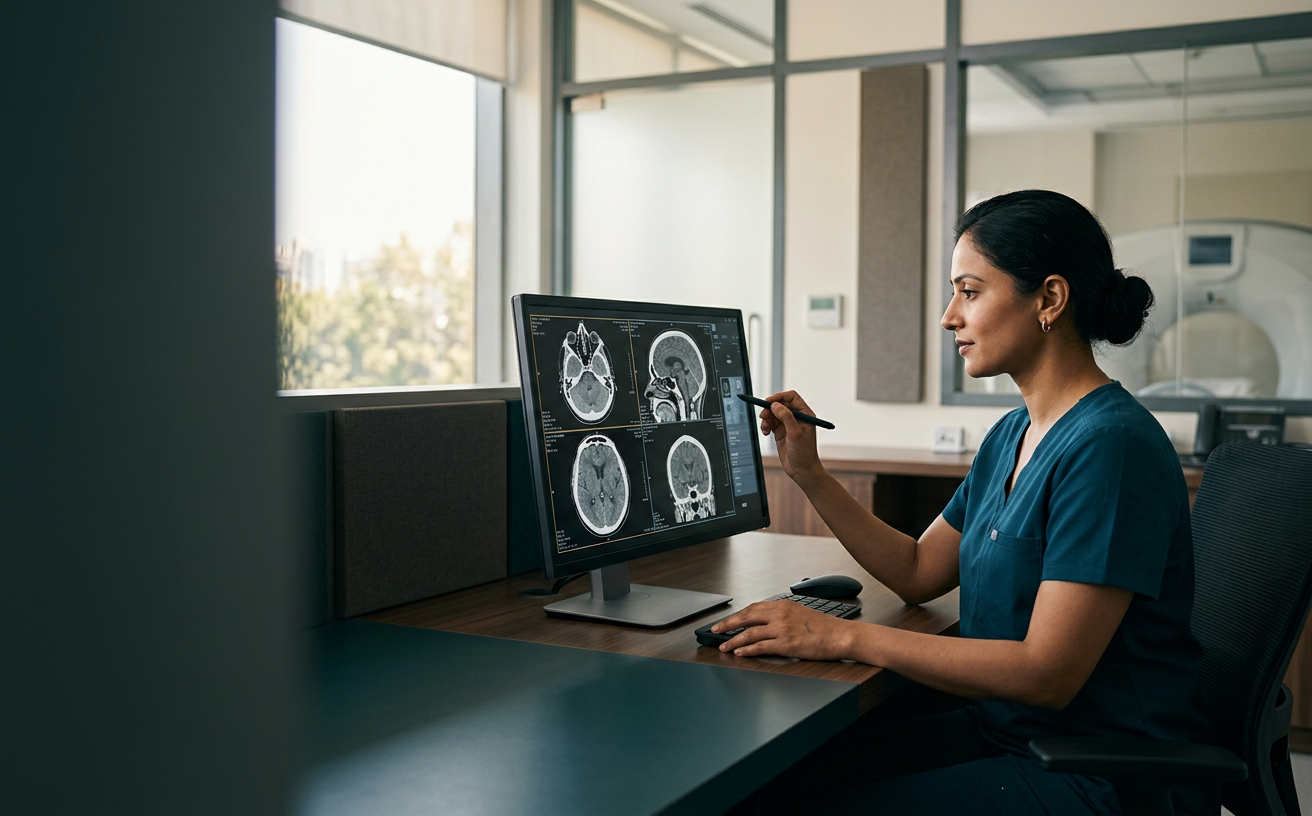Radiologist reviewing diagnostic imagery in a modern clinic